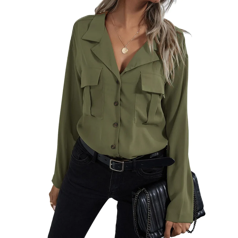 Womens Button Down Shirts Lapel Collar Tank Tops with Pockets V Neck Summer Fall Lightweight Flowy Chiffon Blouse