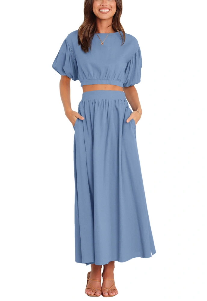 Teurkia Women鈥檚 Puff Short Sleeves Tops and Long Pleated Skirts Set 2 Pieces Flowy Outfit Suits