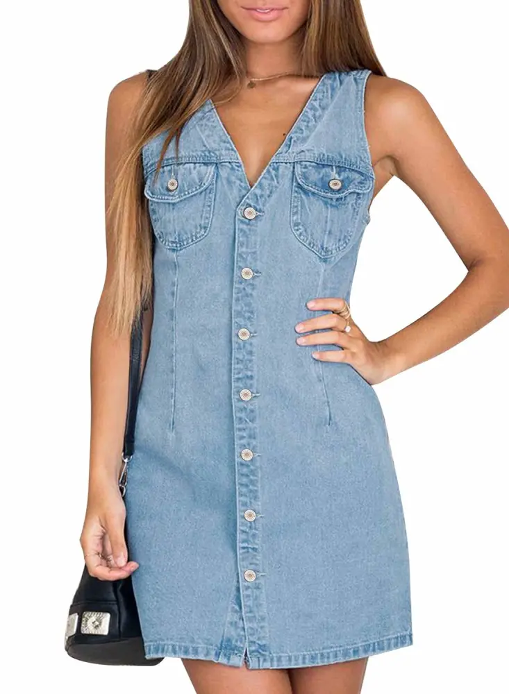 BZB Women's Sleeveless V Neck Denim Dress Casual Jeans Button Down Denim Short Dresses