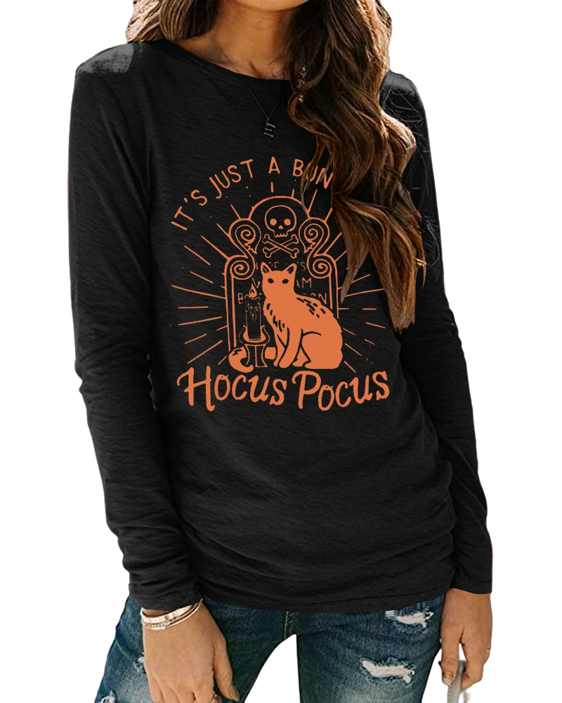 Remikstyt Hocus Pocus long sleeve shirt for Women Halloween Shirts Black Cat Graphic Tee Halloween Top Pullover