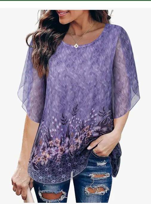 Womens Ruffle 3/4 Sleeve Loose Cool Breathable Floral Shirt Casual Top