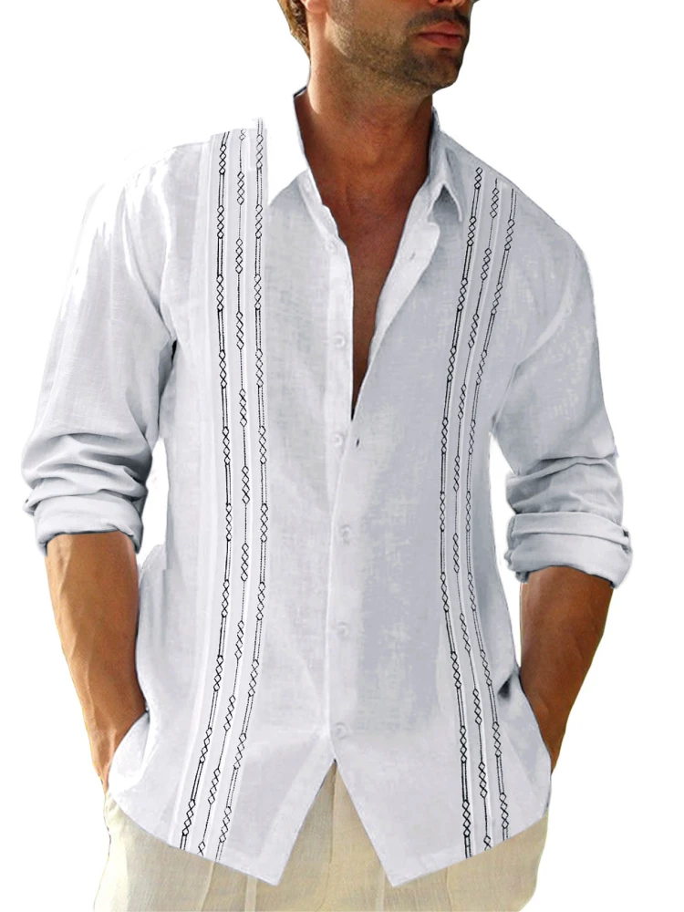 Xenuay Men's Cotton Linen Cuban Guayabera Shirts Long Sleeve Button Down Lapel Collar Casual Summer Beach Shirt