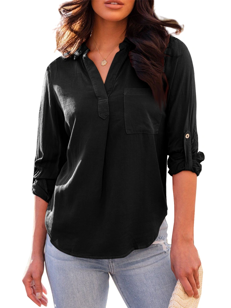 PiePieBuy Women Button Down Shirts Collared V Neck Roll 3/4 Sleeve Blouse Tops with Pocket