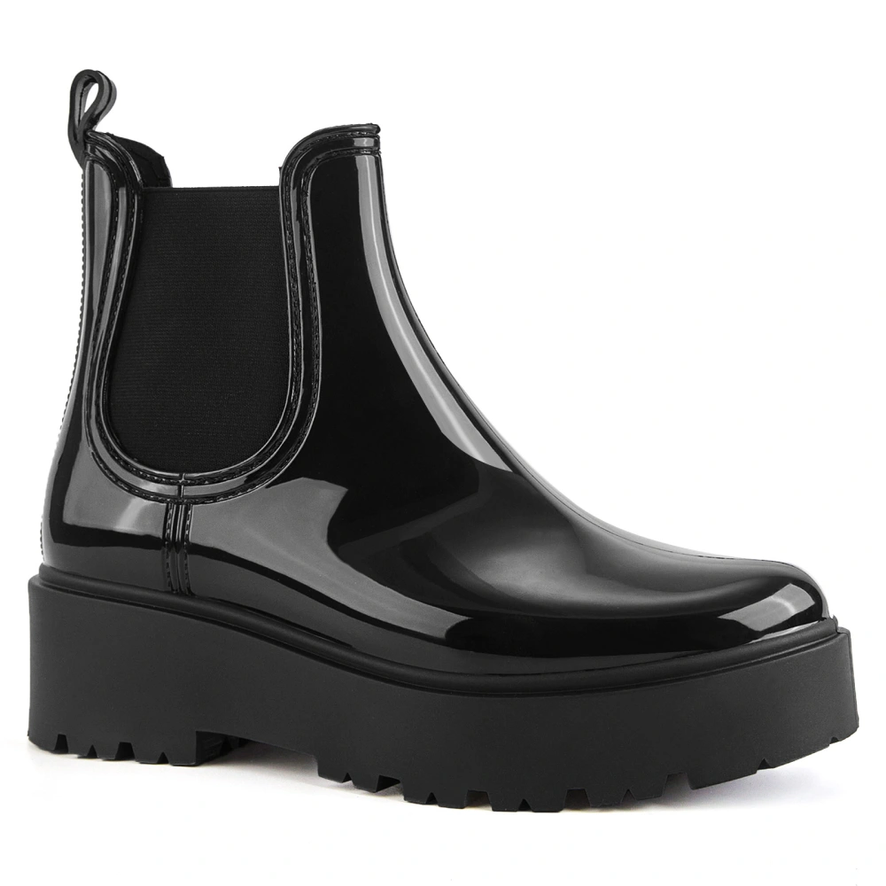 Womens Platform Rain Boots Patent Leather Chelsea Boots Waterproof Slip on Booties Round Toe Ankle Boots for Ladies