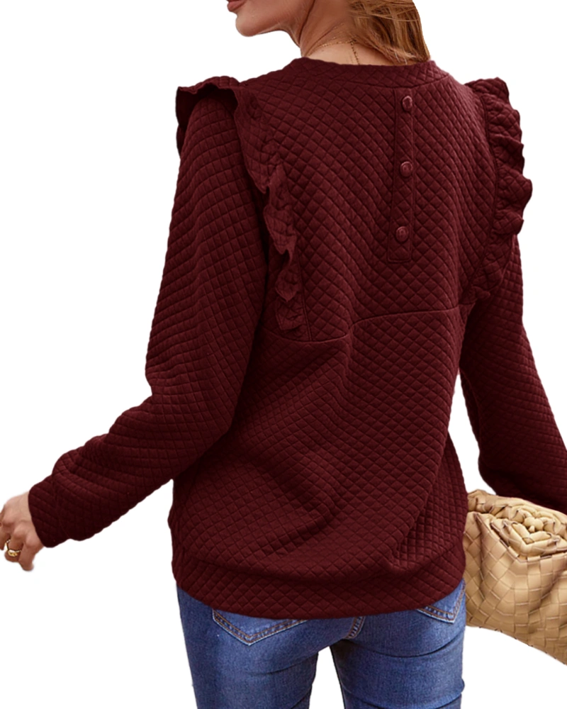 Saudacdn Womens Casual Long Sleeve Top V Neck Pullover Sweatshirt Ruffle Shoulder Quilted Sweatshirts