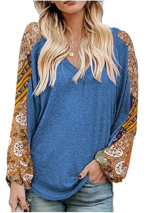 Kolagri Womens Casual Boho Tops V Neck Long Balloon Sleeve Bohemian Shirts Dressy Loose Tunic Blouse