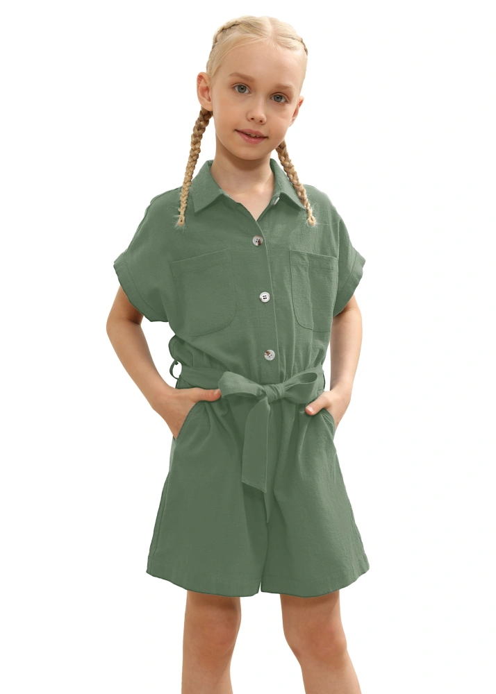 Mafulus Girl's Cute Short Sleeve Rompers Button Tie Front Wide Leg Jumpsuit With Side Pockets 3-14T