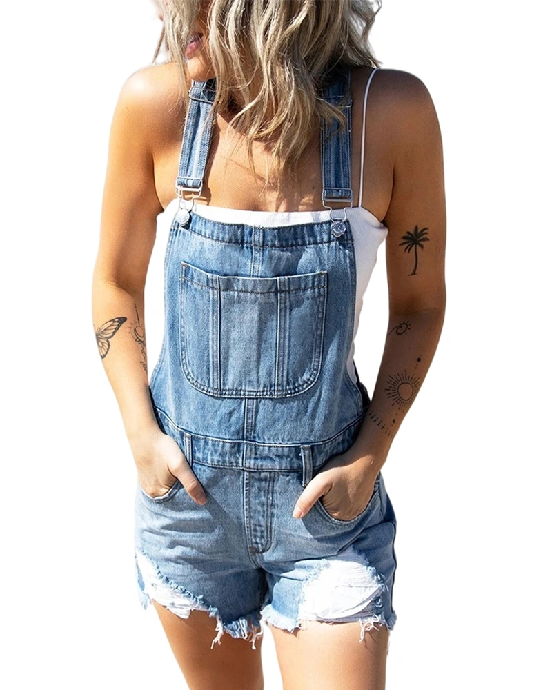 Womens Casual Denim Overalls Adjustable Strap Ripped Hem Shorts Rompers with Pockets