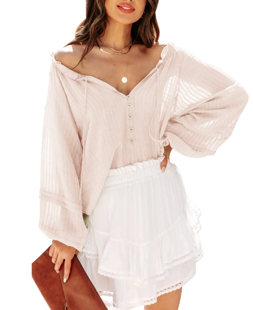 Women's Sexy Deep V Neck Blouse Lantern Long Sleeve Chiffon Shirt Oversized Drawstring Silk Satin Tunic