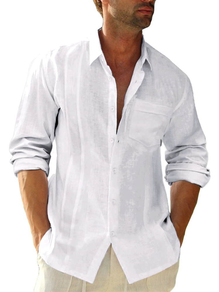 Xenuay Mens Button Down Long Sleeve Shirts Casual Linen Button Up Solid Summer Beach Work Cotton Tops with Pocket