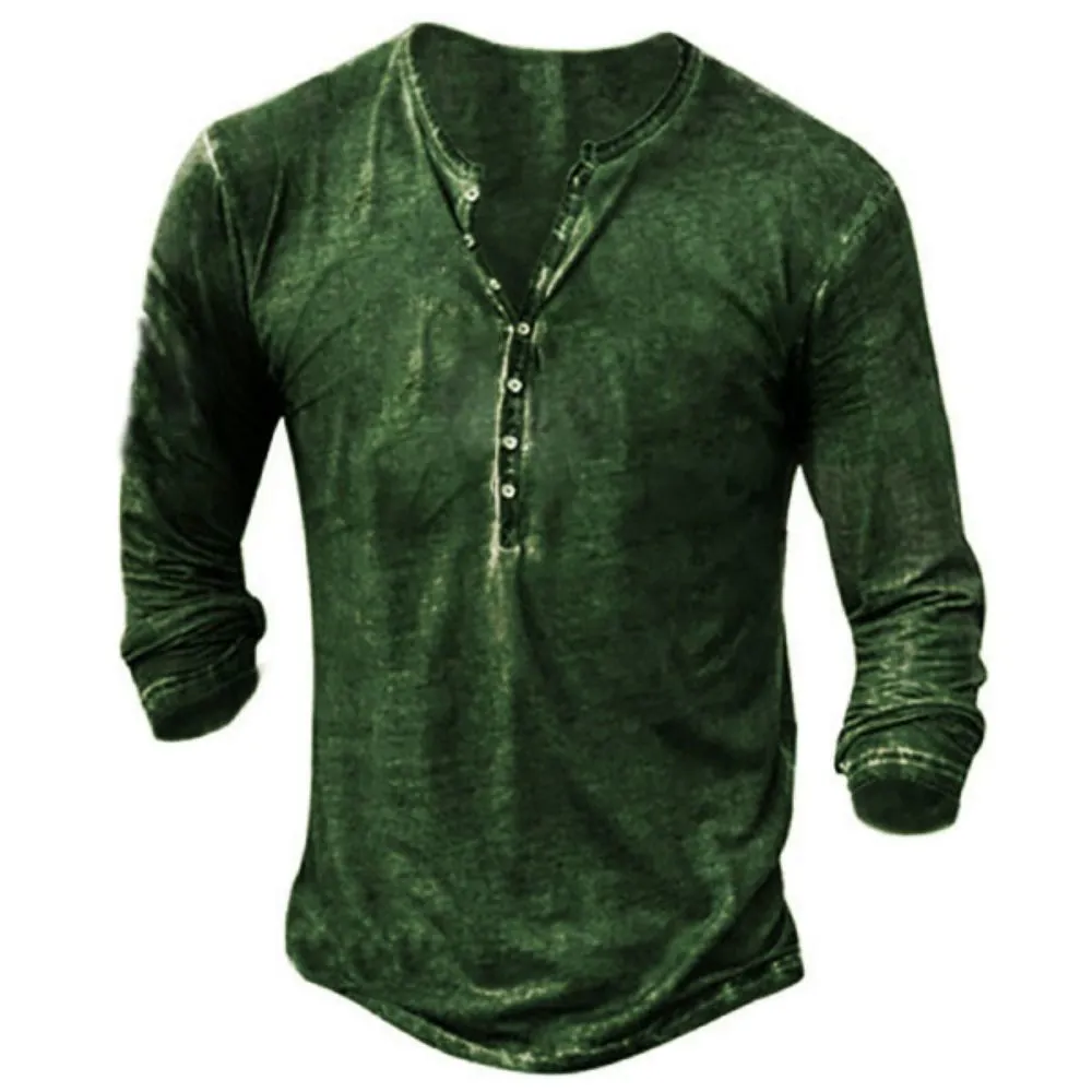 Mens Distressed Henley Shirts Retro Short/Long Sleeve Tee Shirts Casual Button Down Washed T-Shirts for Men