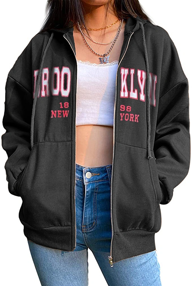 Women's Hooded Sweatshirts Casual Long Sleeve Oversized Hoodies Zip Up Jackets with Pockets