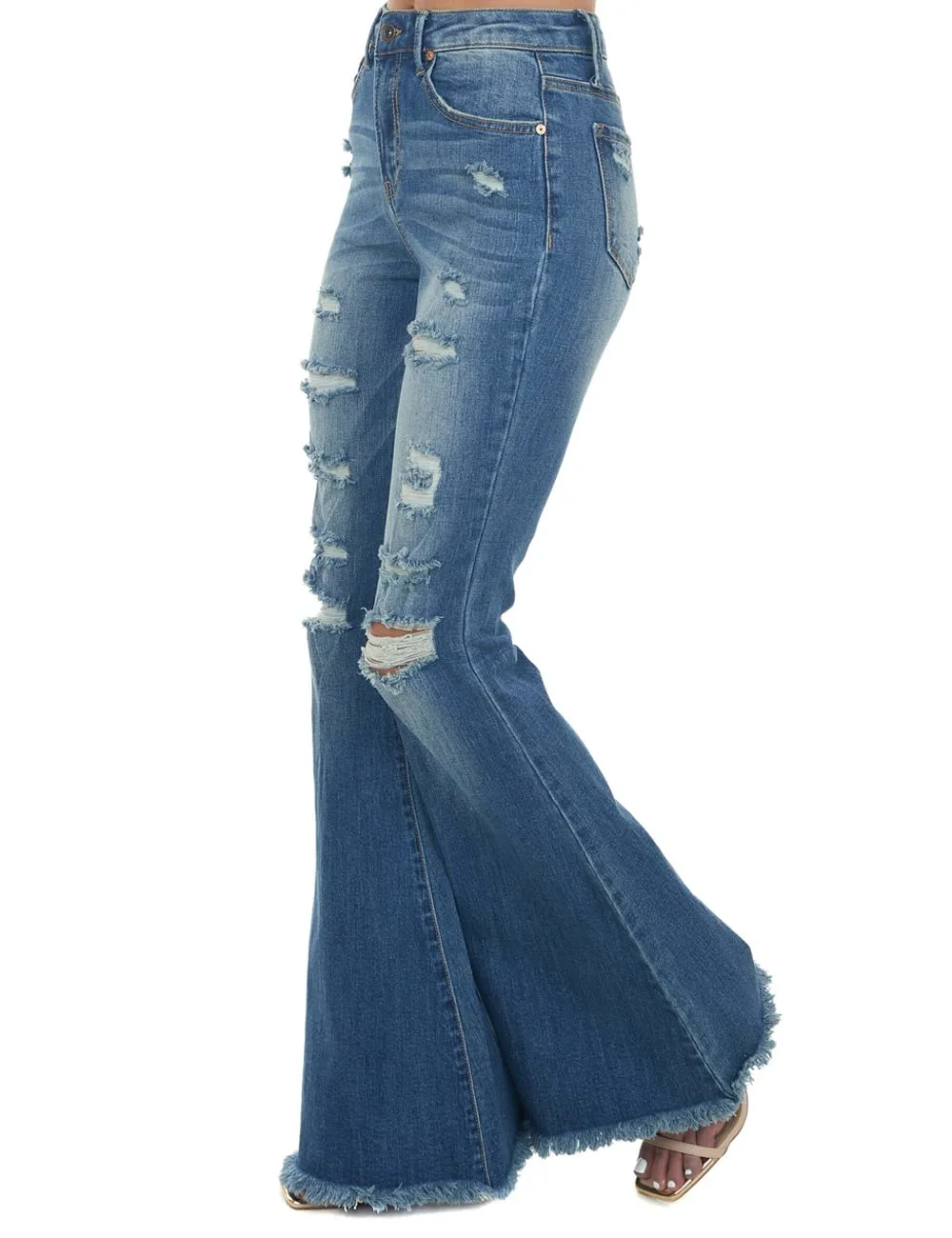 Wihion Women's Stretchy Ripped Flared Jeans Wash Frayed Hem High Waist Denim Pants Vintage Bell Bottom