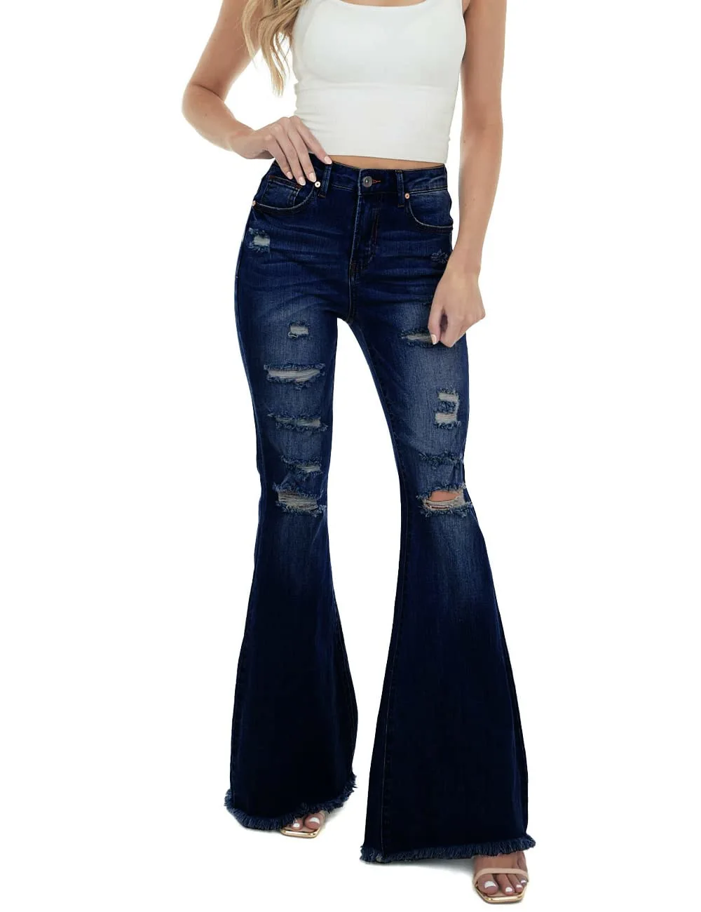 Wihion Women's Stretchy Ripped Flared Jeans Wash Frayed Hem High Waist Denim Pants Vintage Bell Bottom