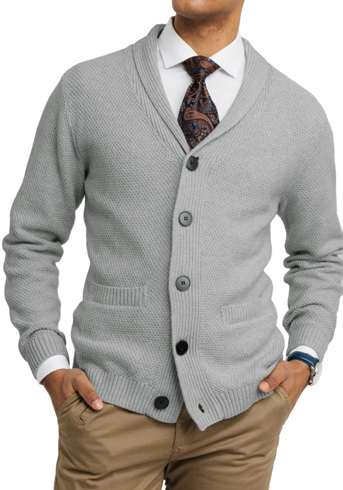 Qpmmber Men's Shawl Collar Cardigan Sweater Slim Fit Cable Knit Button up Sweater with Two Side Pockets