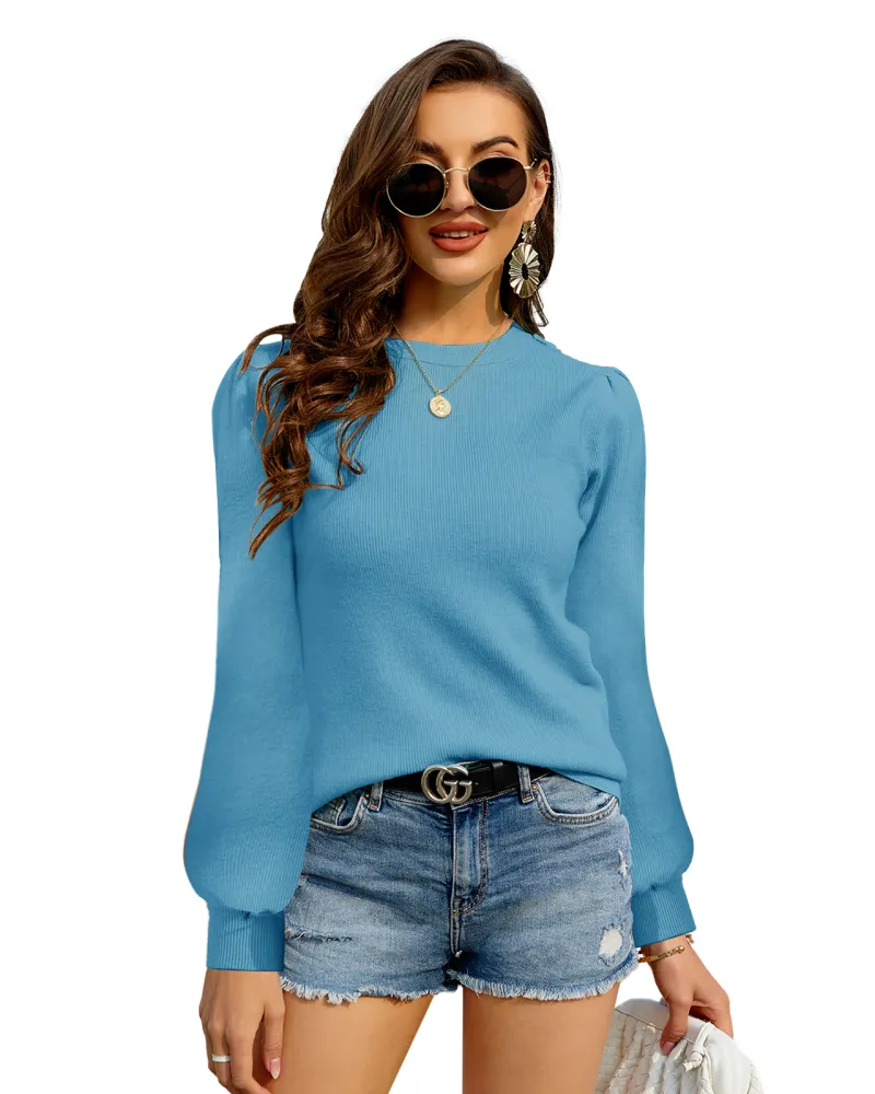 Zbyclub Women's Long Puff Sleeve Crew Neck Knit Sweater Lightweight Solid Pullover Jumper Tops