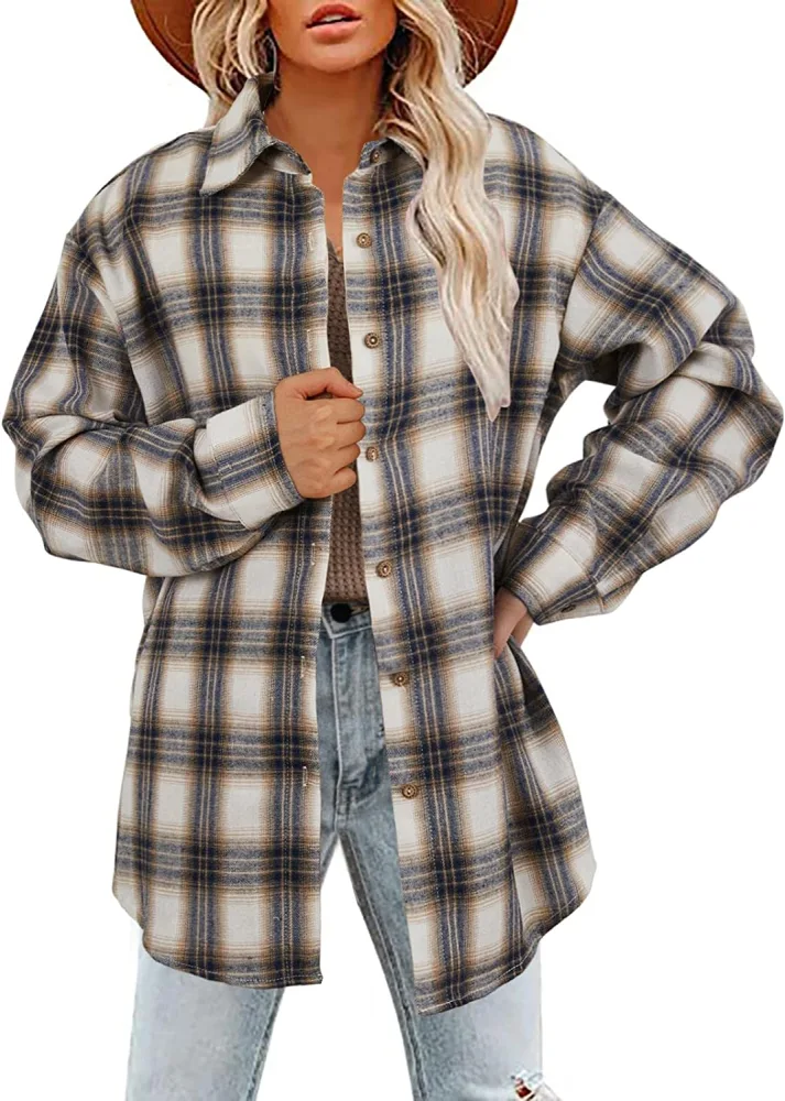 Women's Long Sleeve Plaid Shirts Flannel Collared Button Down Shacket Casual Rolled Up Boyfriend Blouse Tops