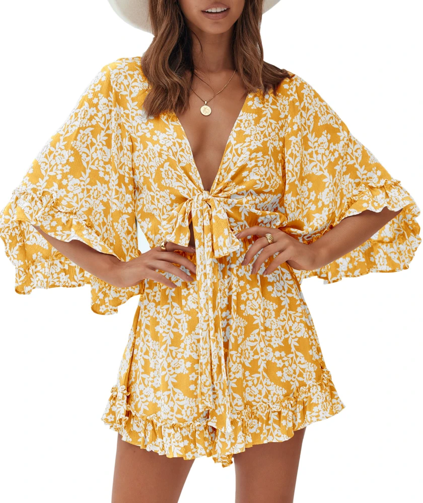 Imily Bela Womens Rompers 2023 Summer Floral Deep V Neck Baggy Ruffle Sleeve Shorts Jumpsuits Sexy Fashion Dressy Mini Dress