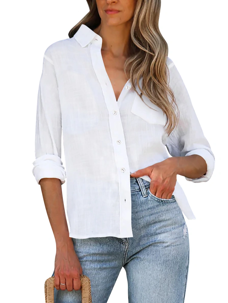 Womens V Neck Button Down Shirt Cotton Linen Long Sleeve Casual Blouse Loose Fit Tops