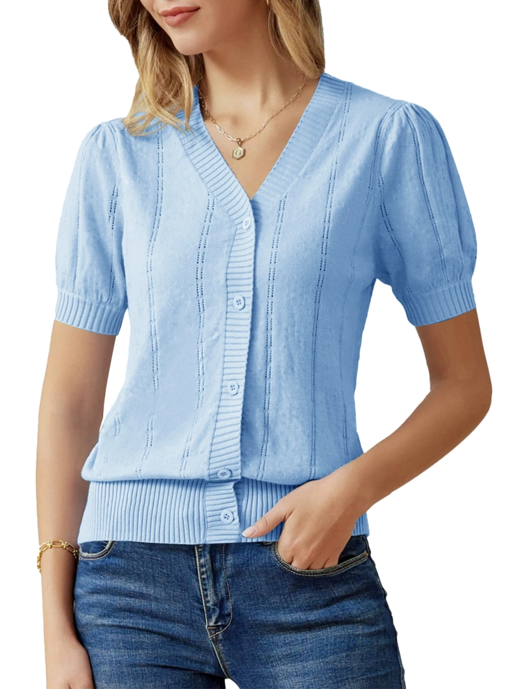 Womens Short Sleeve Cardigans Summer Lightweight Casual V Neck Button Down Soft Cute Knit Sweater