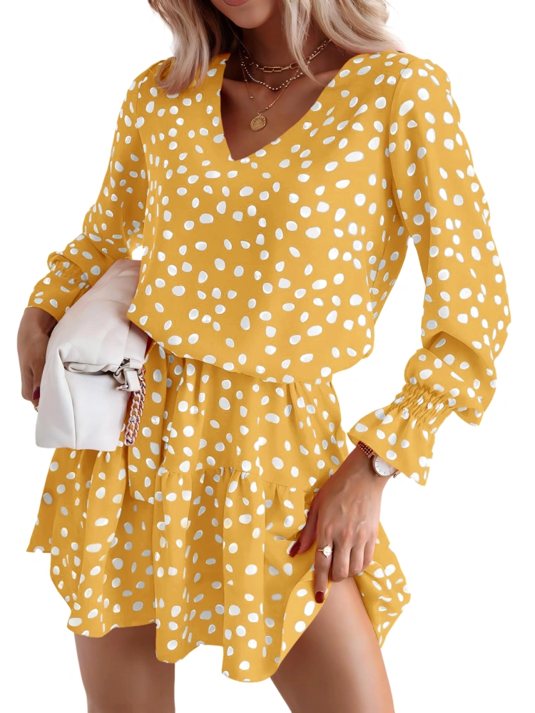 DOBULO Women's Summer V Neck Long Sleeve Dots Ruffle Elastic Waist Tunic Dress Swing Mini Dress