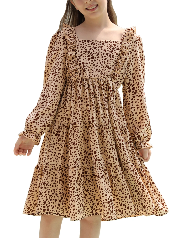 Girls Leopard Long Lantern Sleeve Vintage Square Neck Dress Swing Smocked Ruffle A-Line Casual Midi Dresses 4-13 Years