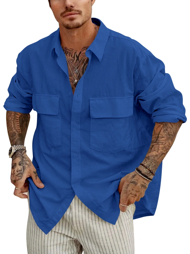 Men's Cotton Linen Button Down Shirts Loose Standard Collar Long Sleeve Beach Summer Shirt Tops with Chest Pockets