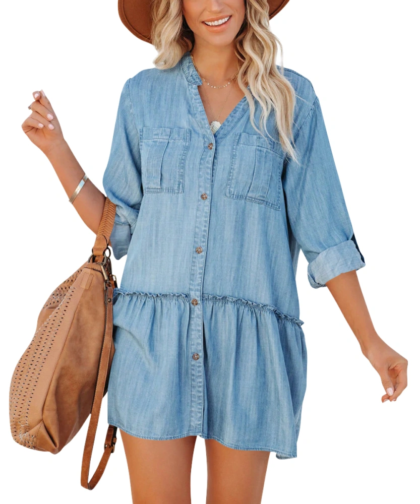 Apbondy Womens Denim Dress Casual Long Sleeve Jean Dress V Neck Button Down Shirt Dresses with Pockets