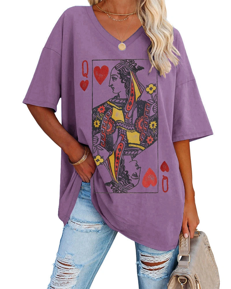 Womens Oversized Queen Of Hearts Graphic T Shirts Casual V Neck Half Sleeve Summer Loose Tees Tunic Tops