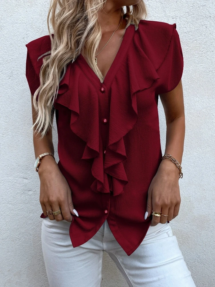 Women's Short Sleeve Blouse V Neck Chiffon Ruffled Front Casual Button Down Tops