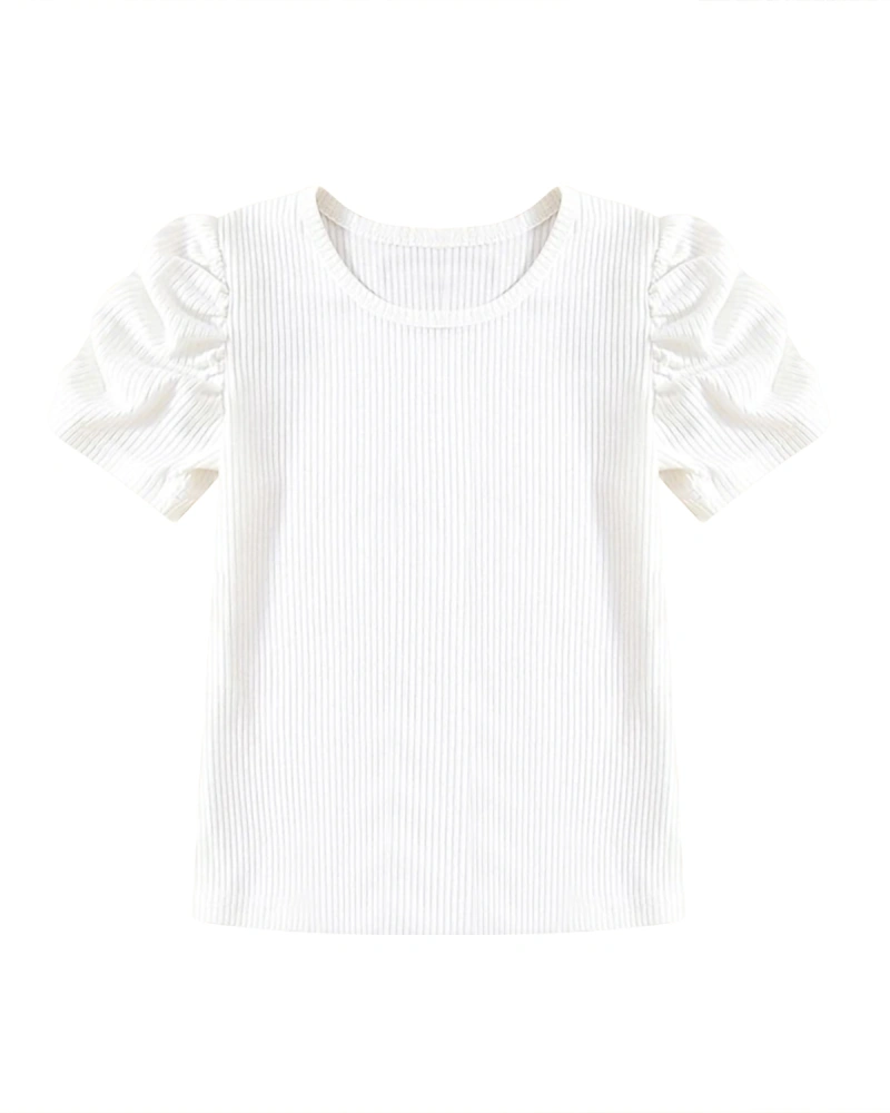 Littlegtl聽Girls聽T聽Shirts聽Casual聽Puff聽Sleeve聽Crewneck聽Ribbed Tops聽Solid Blouses 4-12 Years