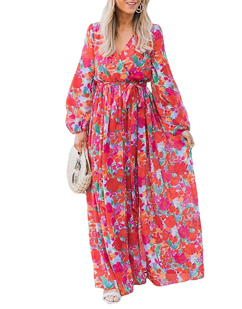 Veatzaer Women Long Sleeve Wrap V Neck Tie Waist Floral Printed Summer Casual Long Maxi Dress