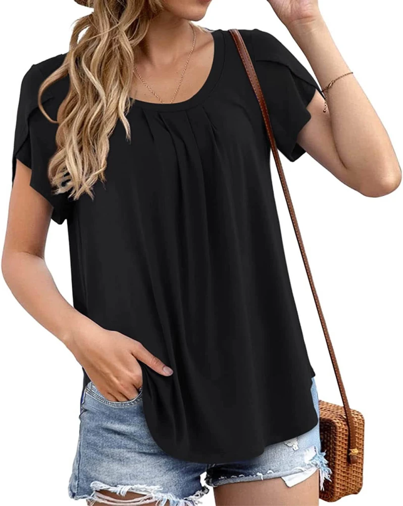 Bigeoosh Women's Short Petal Sleeve Casual Soft Tops Summer Scoop Neck Solid Color Loose T-Shirts Blouses