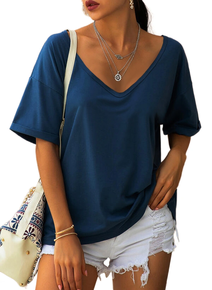 Danedvi Women Summer Casual Half Sleeves Oversize Deep V-Neck T Shirt Solid Loose Basic Tops