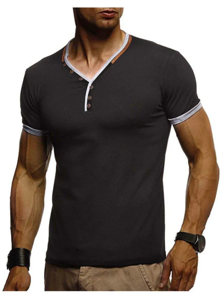 Mens Fashion Muscle Slim Fit Henley Shirts Summer Casual V Neck T Shirts Button Down Short Sleeve Shirt for Men