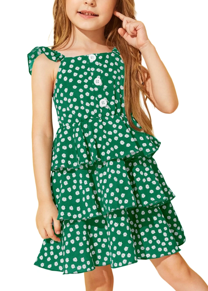 DOBULO Girls Floral Sundress Ruffle Sleeveless Casual Button Down Summer Holiday Dresses