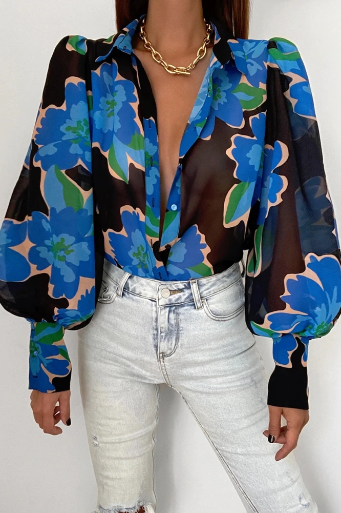 Rolmama Women Puff Long Sleeve Blouses Cover Up Beach Shirt Bathing Suit Button Down Collar Floral Chiffon Vacation Tops