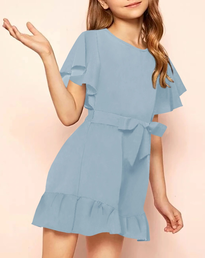 Looks Cute Girls鈥 Crew Neck Trim Short Sleeve High Waist Ruffle Jumpsuits With Belt