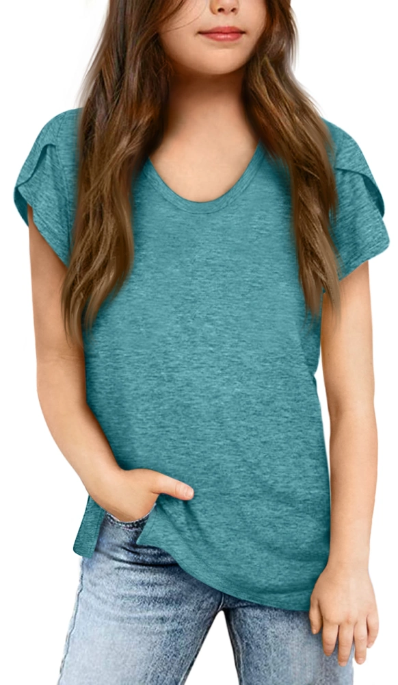 Girls Summer Short Petal Sleeve T Shirt Casual V Neck Cotton Cute Tops Solid Color Tee Shirt