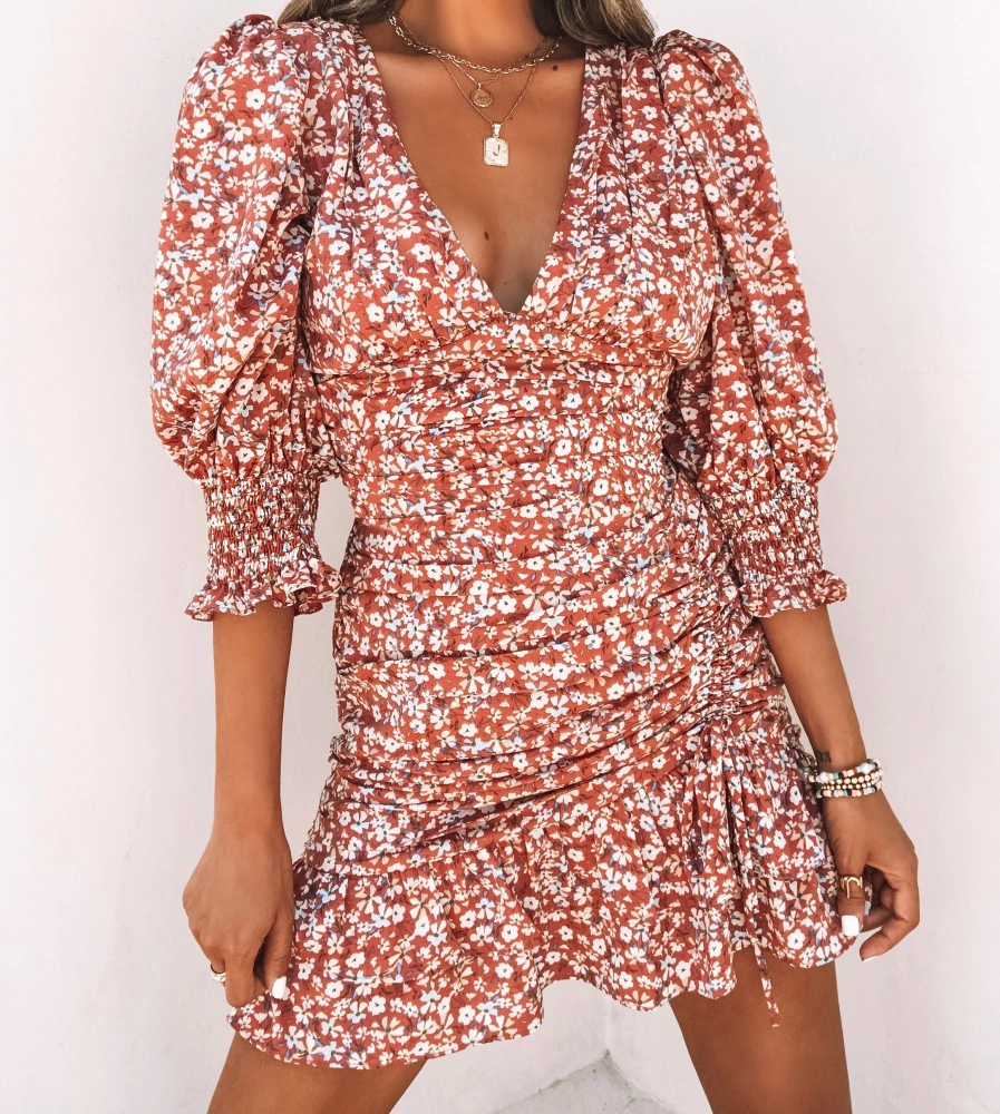 Teurkia Women's Summer Sexy V Neck Dresses Floral Print Ruched Half Puff Sleeve Mini Dress