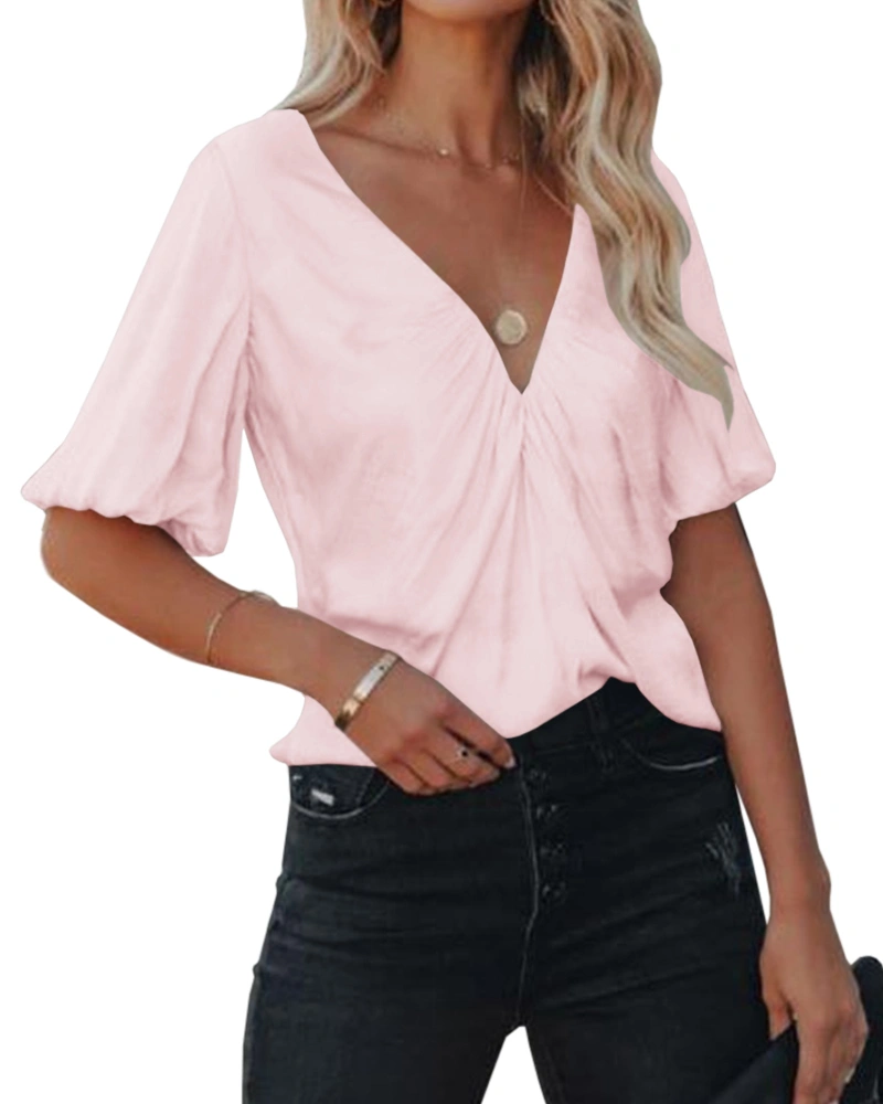 Viandso Puff Sleeve Tops for Women V-Neck Elegant Slim Fit Zipper Short Sleeve Blouses