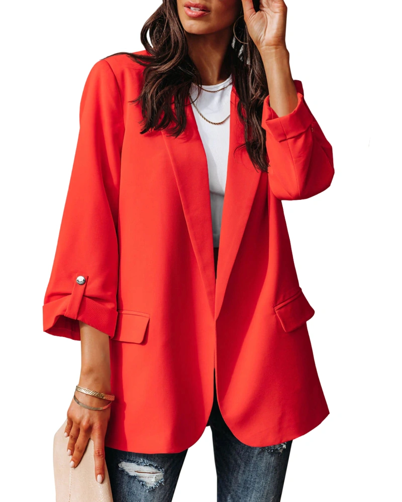 Womens Casual Blazer 3/4 Cuffed Sleeve Open Front Lapel Blazers Work Office Suit Jackets with Pockets