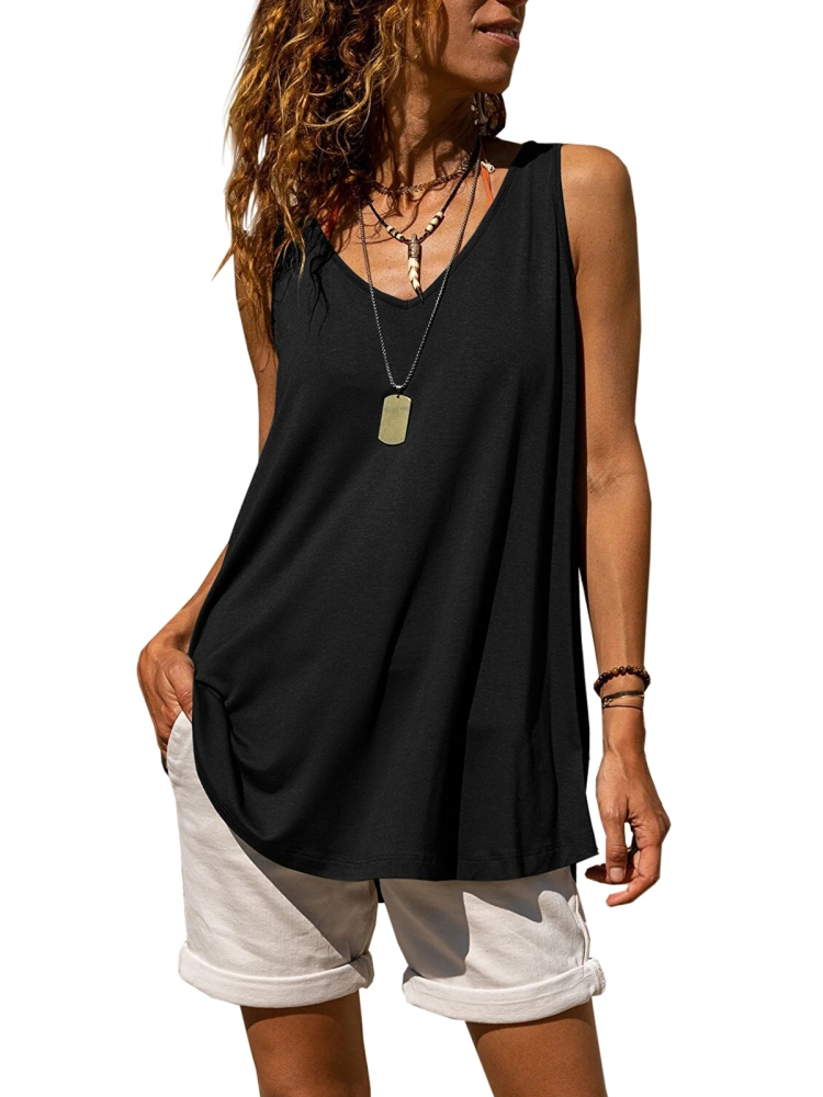 Hongqizo Womens V Neck Sleeveless Tank Tops Solid Casual Loose Cami Shirts