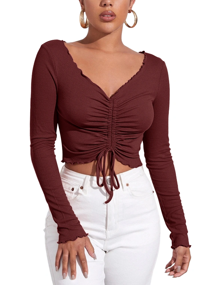 Womens Ruched Crop Top Long Sleeve Drawstring V Neck Rib Pullover Tee Top