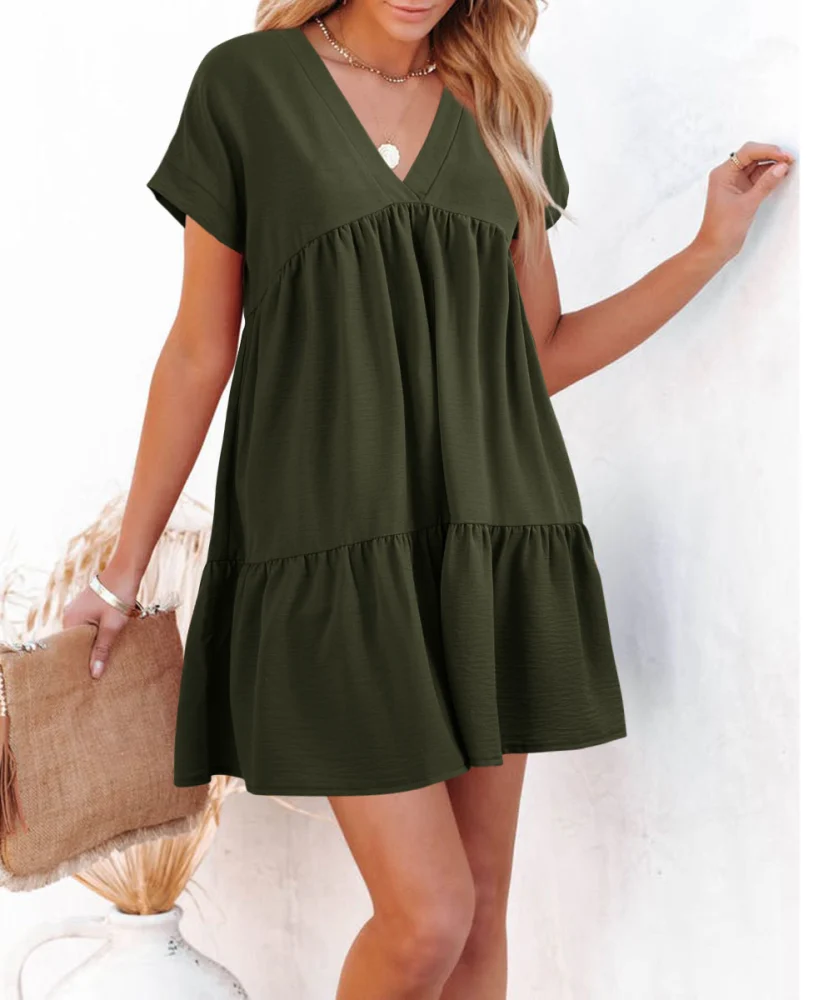 Women V Neck Loose Flowy Swing Shift Dress Summer Short Sleeve Casual Summer Mini Tunic Dress