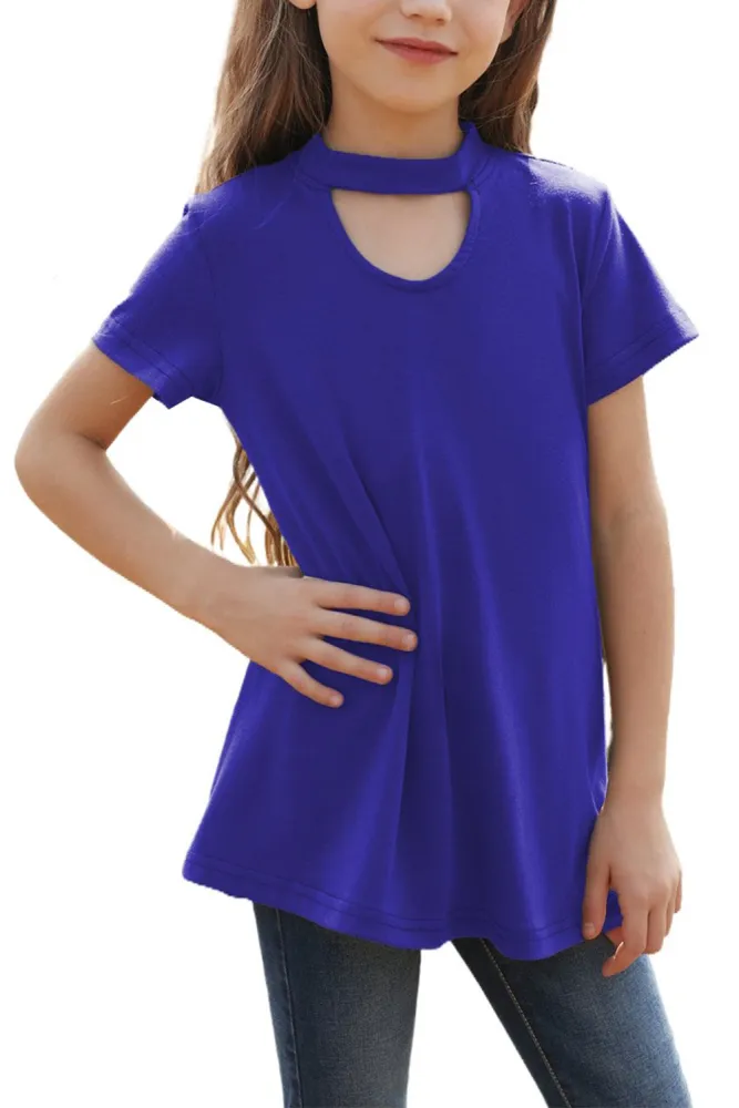 Ladiyo Girls Cut Out Short Sleeve Tops Cute Casual Solid Color T-Shirt