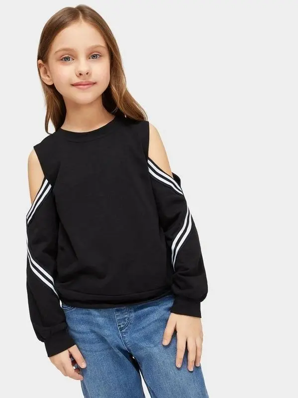 FSHAOES Girls Casual Tunic Tops Cold Shoulder Striped Long Sleeve Pullover Soft Sweatshirts Blouse Size 4-13