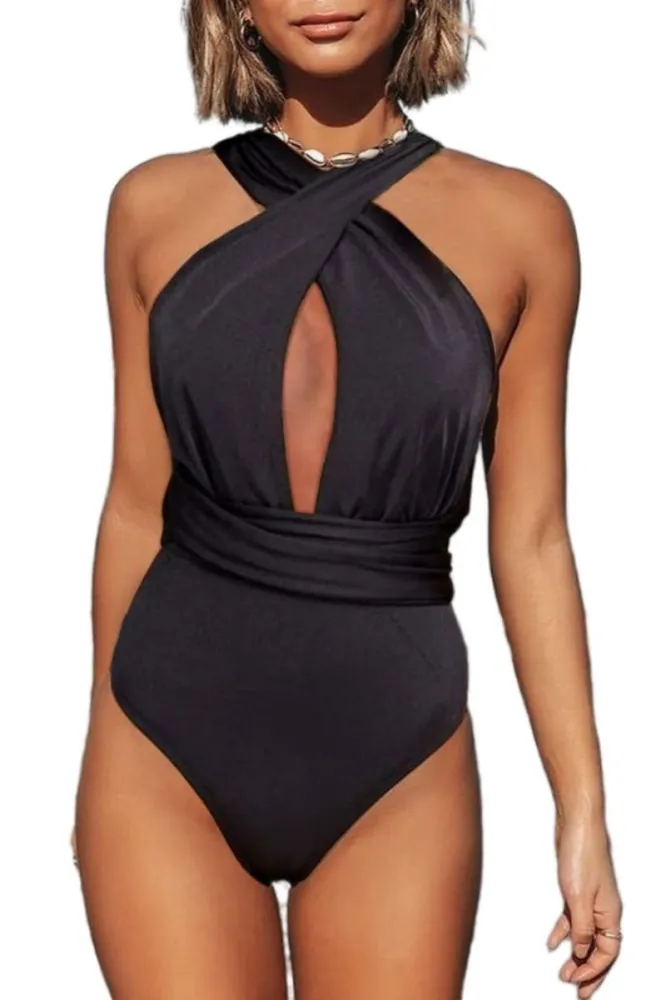 Yousify Womens One Piece Swimsuit Sexy Deep V Neck Solid Color Bathing Suit Bikini