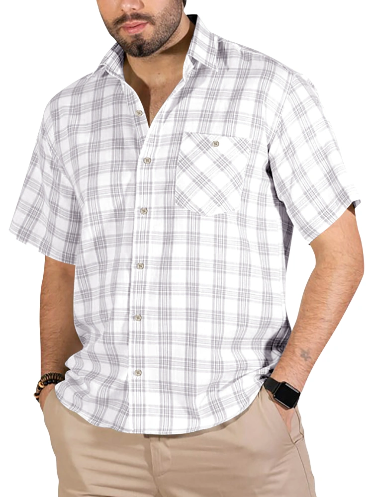 Mens Button Down Short Sleeve Shirts Plaid Casual Cotton Linen Collared Classic Summer Regular Fit Tops