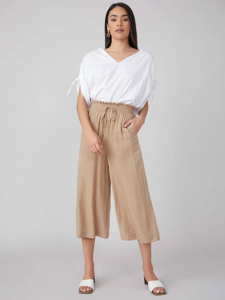 Runcati Womens Linen Cotton Pants Capris Cropped Wide Leg Pants Drawstring Loose Lounge Pajama Trousers with Pockets